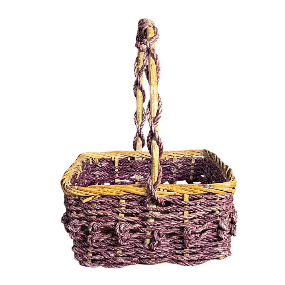 Vintage Woven Twisted Handle Basket Purple & Natural Colors Easter Spring‎ Decor